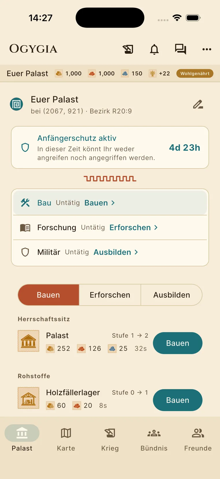 Palast-Bildschirm am Telefon: Rohstoffe mit mitlaufendem Countdown, darunter Bau, Forschung und Militär als getrennte Stränge