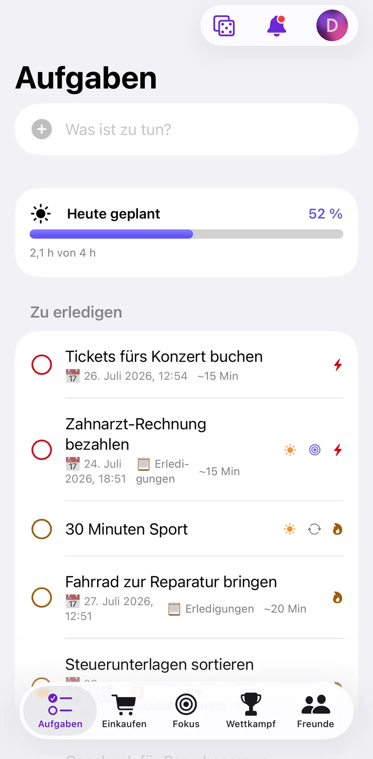 Aufgabenliste mit Tagesbudget-Leiste, Prioritäten und Zeitschätzungen