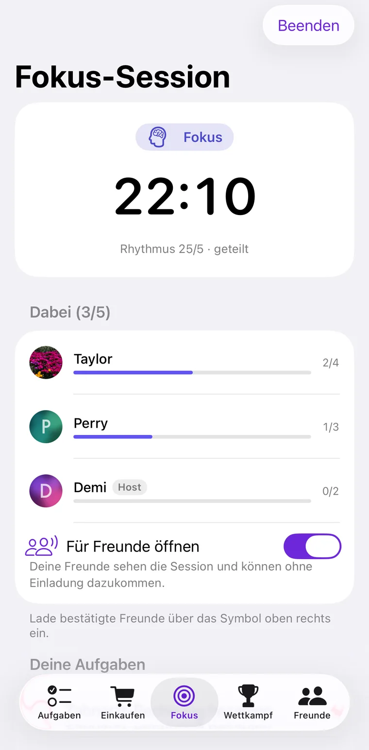 Geteilte Fokus-Session mit drei Teilnehmenden und deren Fortschritt