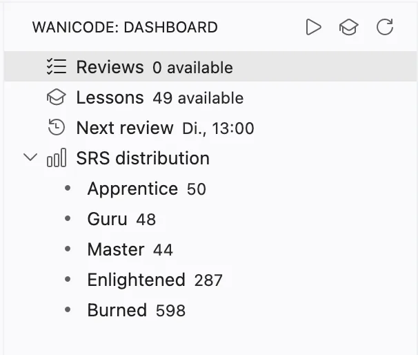 Activity-Bar-Dashboard mit Reviews, Lessons, nächstem Review und SRS-Verteilung